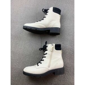 Dr. Scholl's Women 8 White Combat Boots Lace Up Side Zip Lug Ankle Padded Collar